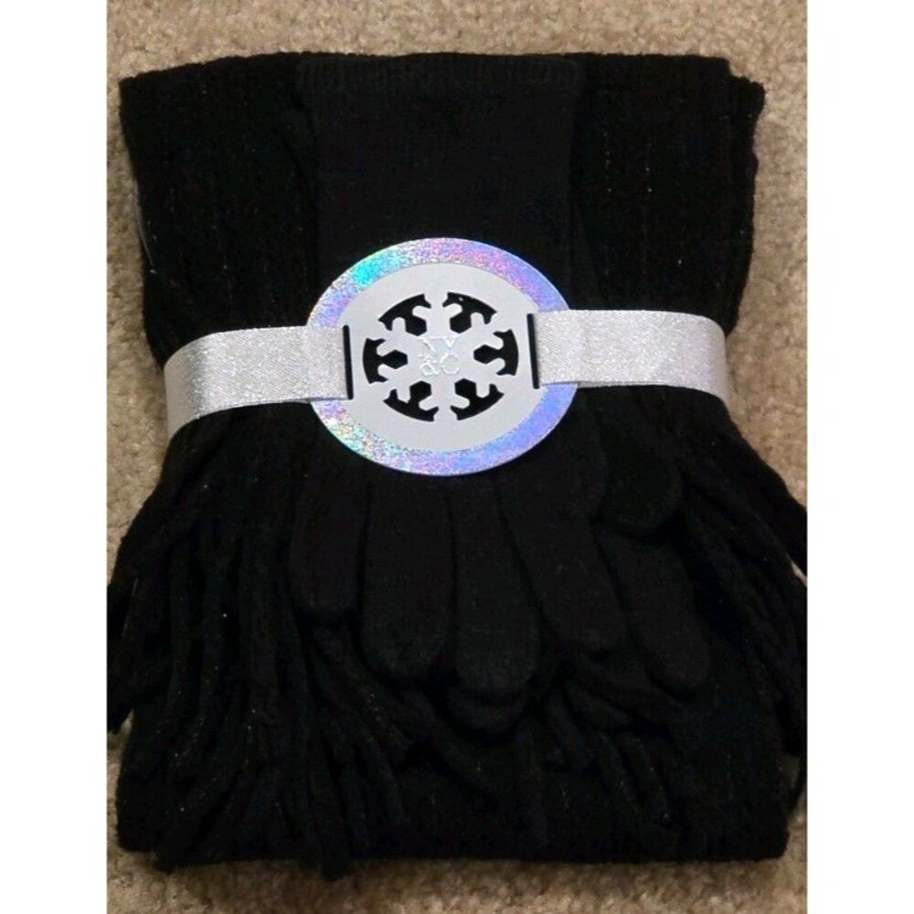 New York & Company Black Knit Scarf and Glove Set with Metallic Accents